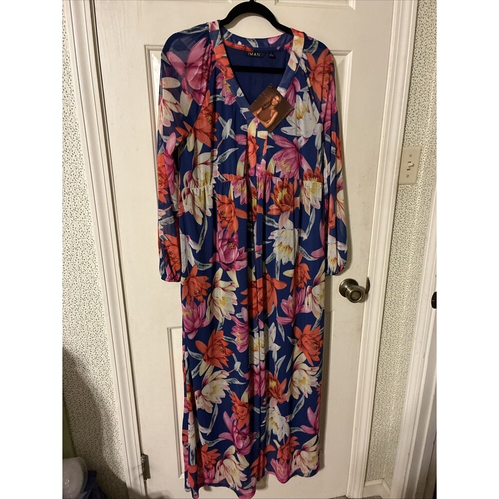 IMAN Global Chic Maxi Dress Womens M Blue Pink Floral V-Neck Long Sleeve Mesh